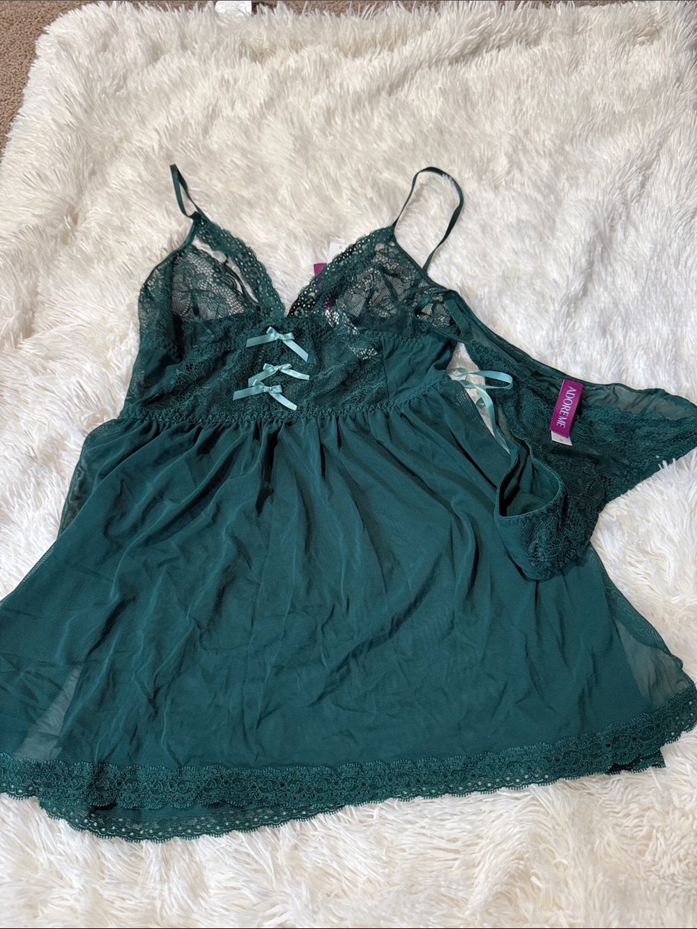 Adore Me Emerald Lace-Trim Chemise & Thong Set